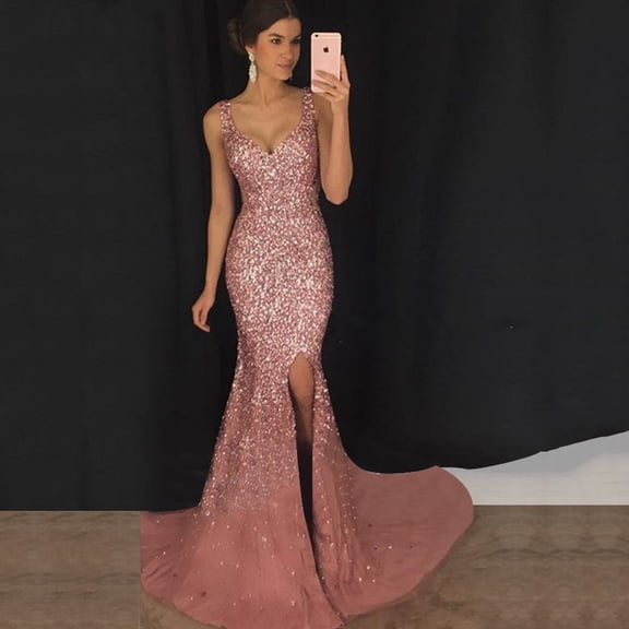 Women's Evening Dress Sexy Sling Formal Slim-Fit Sequined Fishtail Party Long Dress  Gold/Black Gown