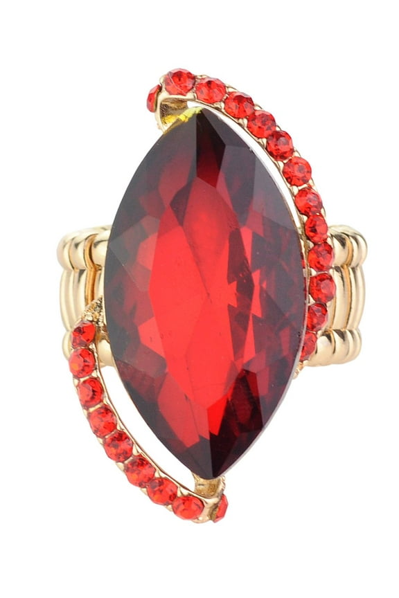 Women's Evening Gala Bridal Prom Wedding Fashion Stretch Ring - Elongated Oval, Red/Gold-Tone