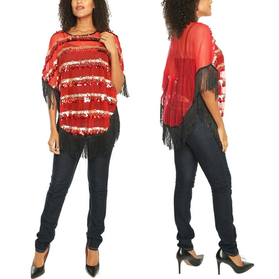 Women's Evening Party Beautiful Sequin Poncho Sheer Top in Sexiest Hue