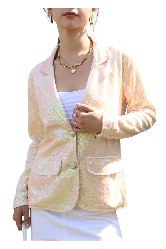 Women's Evening Sparkle Sequins Open Front Long Sleeve Blazer Jacket,Light Pink,Large