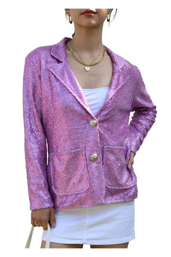 Women's Evening Sparkle Sequins Open Front Long Sleeve Blazer Jacket,Lilac,Large