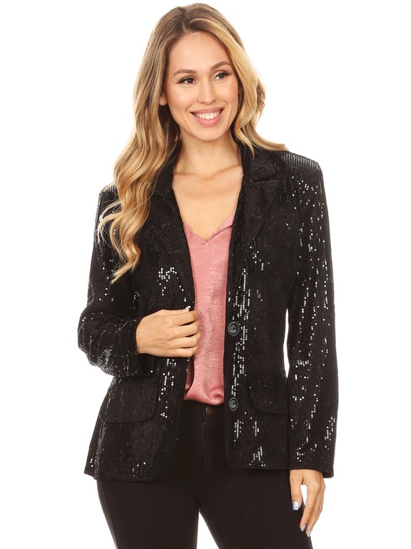 Women's Evening Sparkle Sequins Open Front Long Sleeve Blazer Jacket