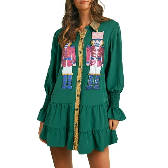 Women's Evergreen Christmas Sequin Nutcracker Collared Mini Dress with Ruffled Long Sleeves, (US 20-22)2XL