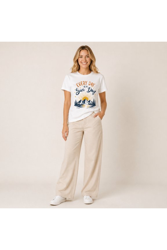 Women's Every Day Is A Sun Day Graphic T-Shirt, White Short Sleeve Crew Neck Tee, Mountain Sunrise Lake Casual Summer Top