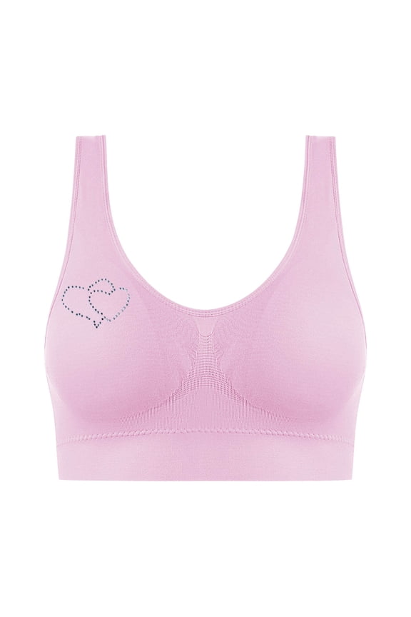 Women's Everyday Bras Plus Size Hot Drill Heart Print Stretchy Comfy T-Shirt Bra Sleep Bralettes Corset Underwear Pink Large