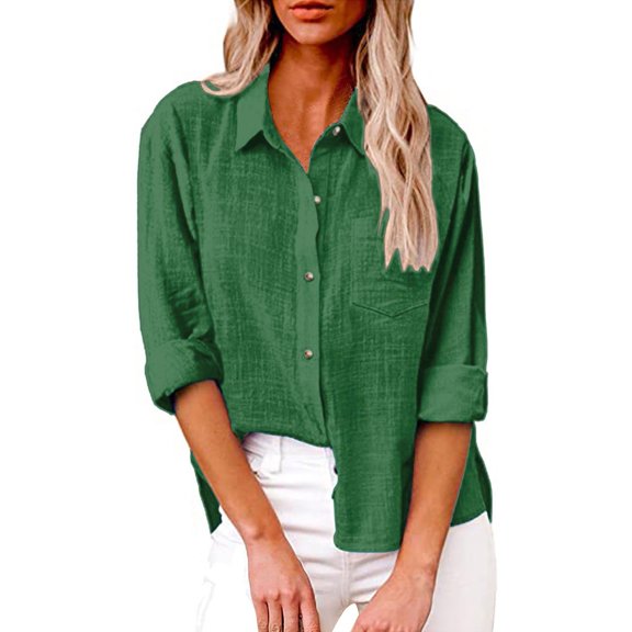 Women's Everyday Button-Down Shirt, Long Sleeve Loose Fit Top with Soft Textured Fabric & Versatile Styling Options for Casual Chic Looks,Dark Green 3XL