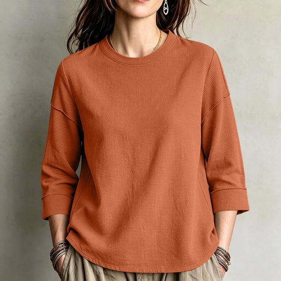 ABSUYY Women's Everyday Casual Waffle Knit Tunic, 3/4 Sleeve Crew Neck Relaxed Fit Shirt Top, Orange, XL