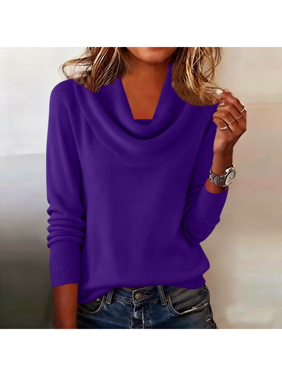 Women's Everyday Crewneck Sweater Fashion Casual Semi High Neck Solid Color Round-Neck Sweater Cozy Essential Knit Pullover for Women