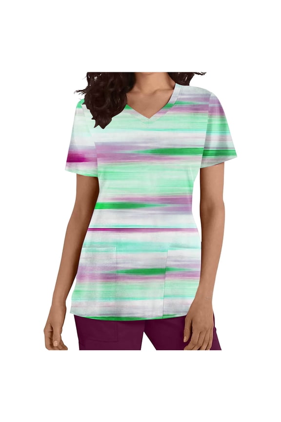 Women's Everyday Printed Scrub Top Soft V-Neck Nurse Tee, Casual Layering Basic Tee, Breathable Medical Scrub Shirt, Essential Pullover