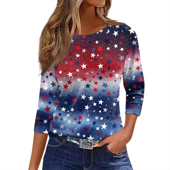 Women's Everyday Round Neck 3/4 Sleeve T-Shirt, Patriotic Independence Day Printed Casual Top with Faded Vintage Look, Comfort Fit,Blue M