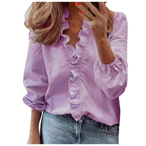 GuangCong Women's Blouses & Tops Everyday V Neck Casual Utility Short Solid Color Sleeve T Shirt Top Solid Dressy Ruffle Blouse Shirt