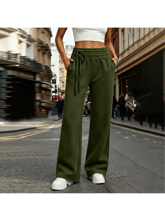 Women's Everyday Wide Leg Sweat Pants Double Layer High Waist Drawstring Soft Fleece Relaxed Long Bottoms for Street Style Daily Look Army Green XXL