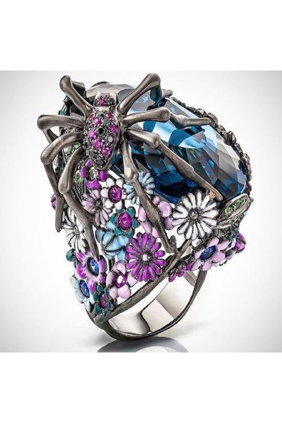Women's Exaggerated Sapphire Creative Spider Shape Drop Oil Flower Ring