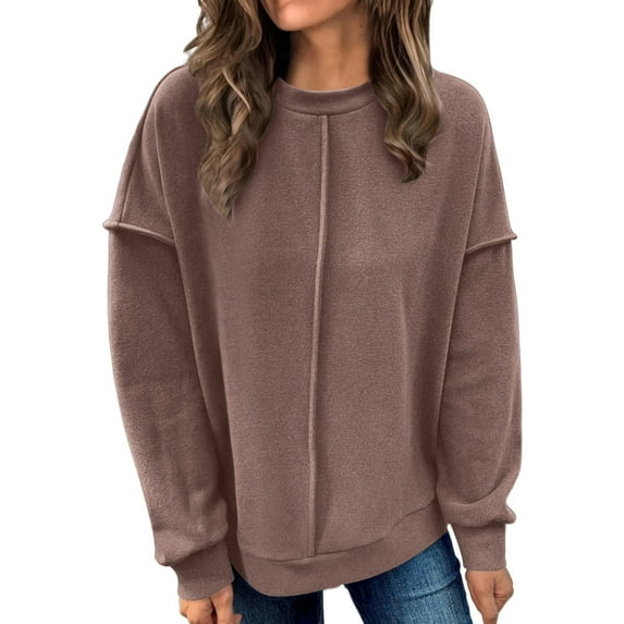 Women's Exposed Seam Loose Fit Pullover Knit Sweatshirt, Casual Stylish Comfortable Top with Breathable Fabric for Daily Wear, Lounge and Layering Coffee M