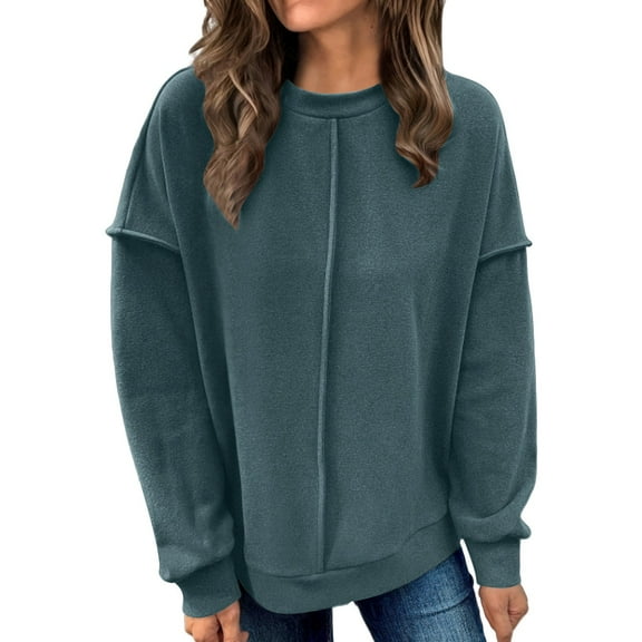 Women's Exposed Seam Loose Fit Pullover Knit Sweatshirt, Casual Stylish Comfortable Top with Breathable Fabric for Daily Wear, Lounge and Layering Dark Blue L