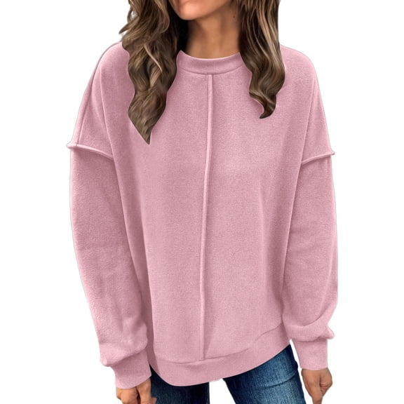 Women's Exposed Seam Loose Fit Pullover Knit Sweatshirt, Casual Stylish Comfortable Top with Breathable Fabric for Daily Wear, Lounge and Layering Pink M