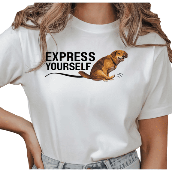 Women's "Express Yourself" Dog Meme Graphic T Shirt Funny Dog Lover Animal Humor Short Sleeve Round Neck Top White S-5XL