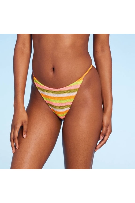 Women's Extra Cheeky Extra High Leg Crochet Bikini Bottom Multi Orange Striped XXS