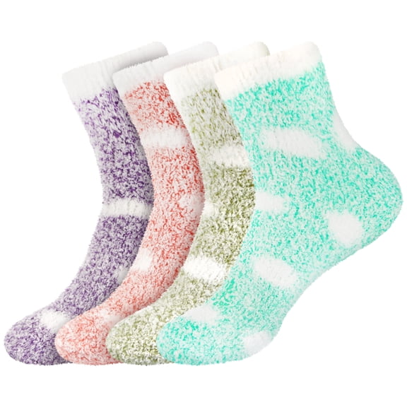 BambooMN Women's Fuzzy Polka Dot Cuff Socks - Assortment 4D - Extra Large - 4 Pairs