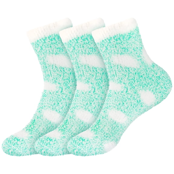 BambooMN Women's Fuzzy Polka Dot Cuff Socks - Spring Green - Extra Large - 3 Pairs