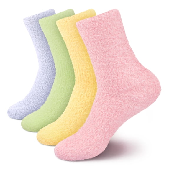 BambooMN Women's Fuzzy Soft Pastel Colorful Fluffy Socks - Assortment A - Extra Large - 4 Pairs