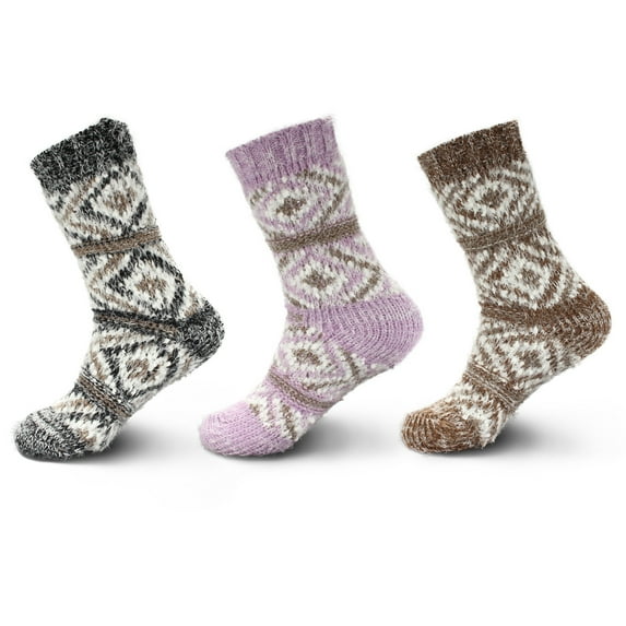 Women's Extra Large Thick Comfy Vintage Knitted Colorful Fur Patterned Cabin Crew Casual Insulated Furry Winter Slipper Sweater Socks - Assortment C - 3prs, Size 10-13