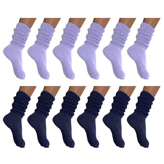 Women's Extra Long Extra Heavy Slouch Socks - 12 Pairs Size 9-11 (6 Navy 6 Lilac)