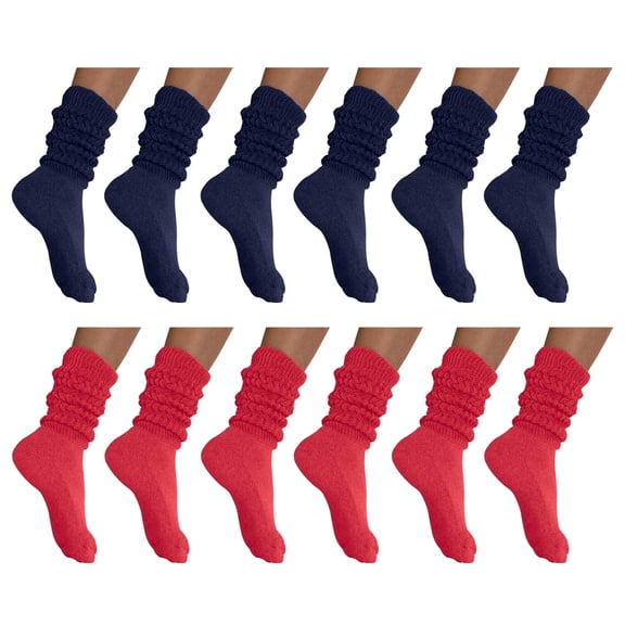 Women's Extra Long Extra Heavy Slouch Socks - 12 Pairs Size 9-11 (6 Navy 6 Red)