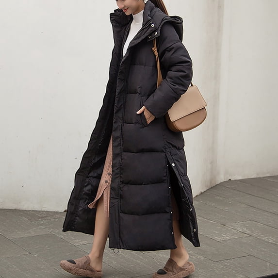 Women's Extra Long Hooded Puffer Coat, Over Knee Length Thickened Winter Jacket, Side Slit Detail Parka, Warm Down Alternative Coat, Casual Maxi Coat Black M