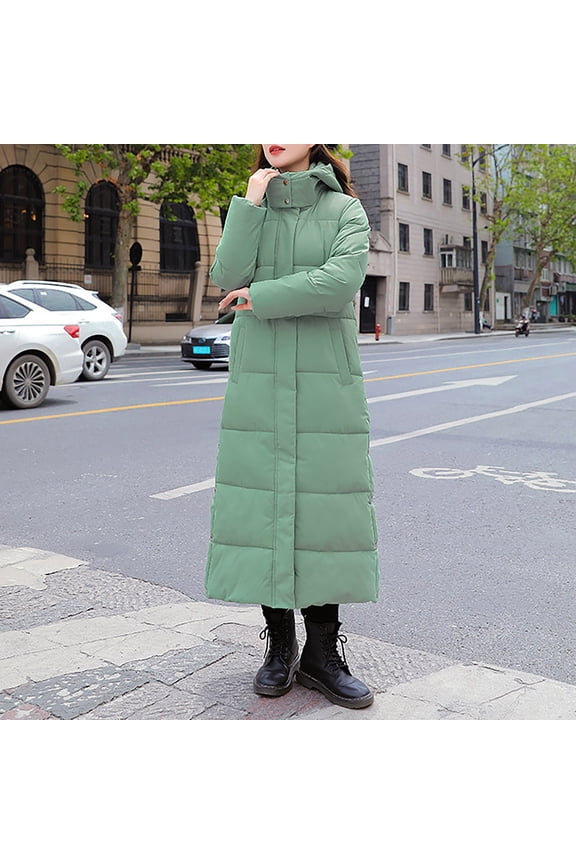 Women's Extra Long Hooded Puffer Coat, Over Knee Length Thickened Winter Jacket, Side Slit Detail Parka, Warm Down Alternative Coat, Casual Maxi Coat Green M