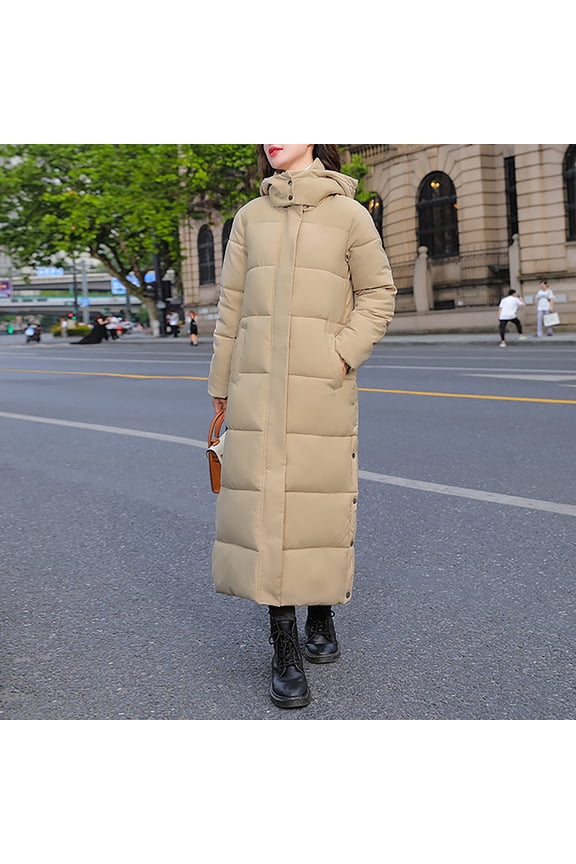 Women's Extra Long Hooded Puffer Coat, Over Knee Length Thickened Winter Jacket, Side Slit Detail Parka, Warm Down Alternative Coat, Casual Maxi Coat Khaki XL