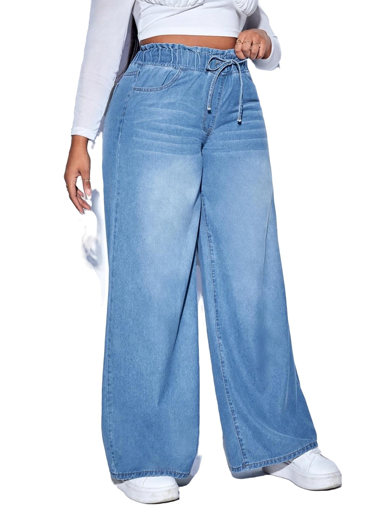 BOK PLACE】Light blue washing span wave long wide denim pt