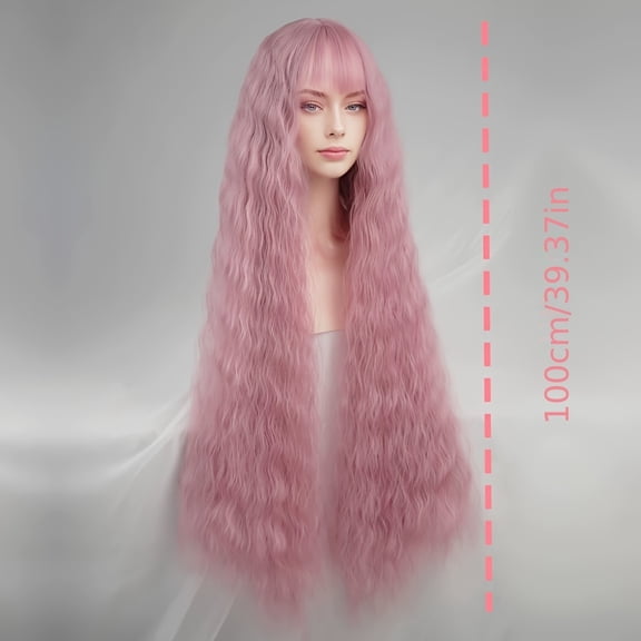 Women's Extra Long Pink Water Wave Wig with Bangs Heat Resistant Synthetic Curly Hair Cosplay Party Essentials