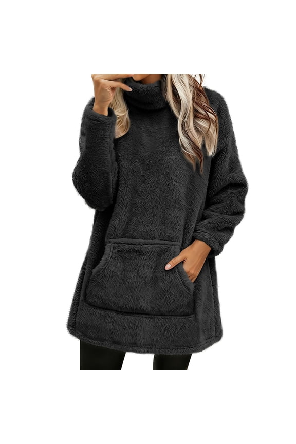 Women's Extra Long Sherpa Lined Fleece Sweatshirt, Assorted Color Women's Turtleneck Fleece Sweater Casual Turtleneck Fleece Pullover Cozy Sweaters for Women Fleece Tunics for Women, Black XL