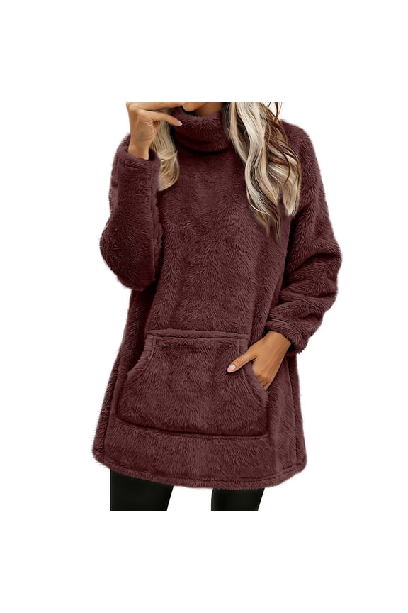 Women's Extra Long Sherpa Lined Fleece Sweatshirt, Warm Turtleneck Fleece Sweater Long Turtleneck Sweaters for Women Casual Turtleneck Fleece Pullover Cozy Sweaters for Women, Wine 3XL