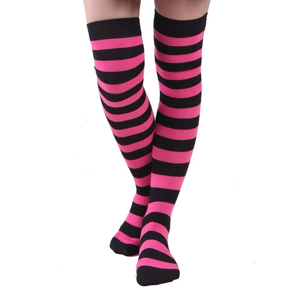 Women’s Extra Long Striped Socks Over Knee High Opaque Stockings (Black & Pink)