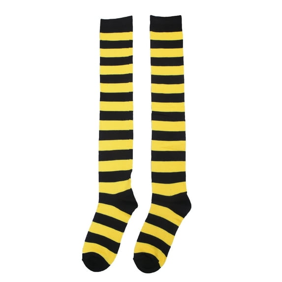 Women's Extra Long Striped Socks Over Knee High Opaque Stockings (Black & Yellow)