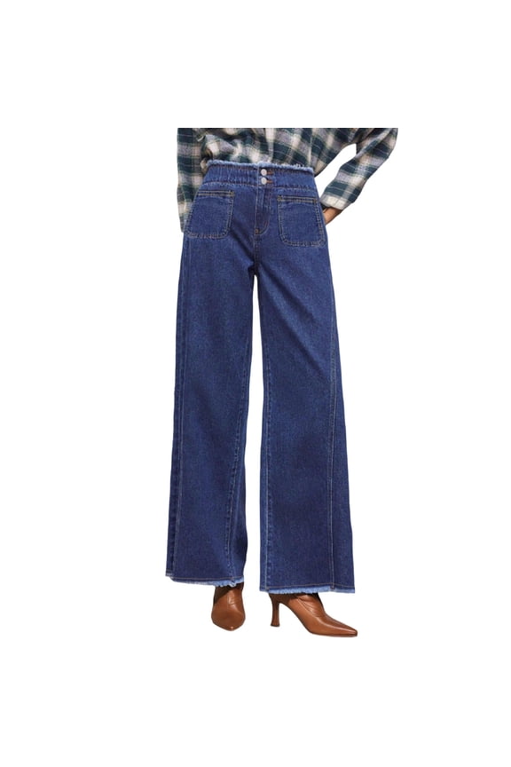 Women's Extra Long Wide Leg Jeans - Stretch Straight Leg Loose Fit Flowy Trousers with Slit Detail Extra Length Denim Pants for Summer Boho Trendy(Blue/XXL)