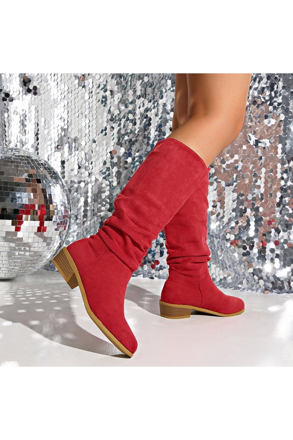 Women's Extra Wide Calf Cowboy Knee High Boots, Wide Width Slouchy Boots Chunky Pump Heel Plus Size Western Boots