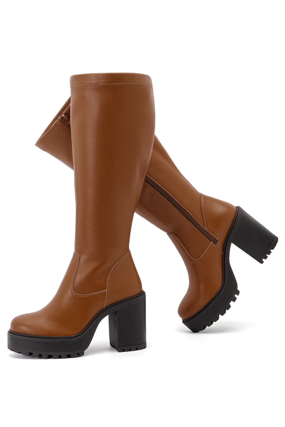 Women's Extra Wide Calf Knee High Boots True Wide Width Platform Chunky Heeled Gogo Boots Rounded Toe Block Heel Tall Boot for Women.