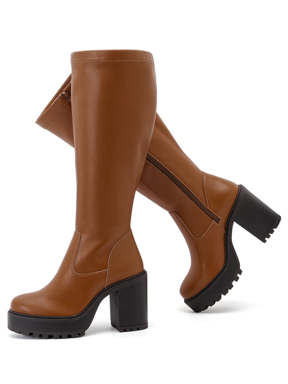 Women's Extra Wide Calf Knee High Boots True Wide Width Platform Chunky Heeled Gogo Boots Rounded Toe Block Heel Tall Boot for Women.