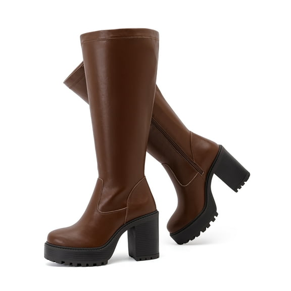 Women's Extra Wide Calf Knee High Boots True Wide Width Platform Chunky Heeled Gogo Boots Rounded Toe Block Heel Tall Boot for Women.