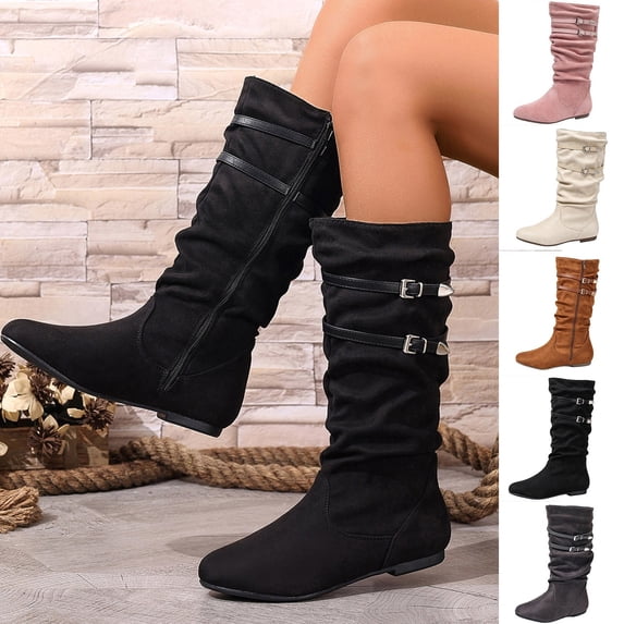 Women's Extra Wide Calf Knee High Slouchy Boots, Wide Width Tall Boots with Flat Heel Side Zipper Pink 9.5(43)