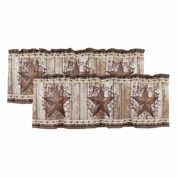 2 Pack Valances for Windows 60 x 18 Inch, Texas Star Vintage Decorative Kitchen Curtain Valance, Brown Retro Art Red Berry Wooden Rod Pocket Short Curtains Window Treatment for Bathroom/Cafe