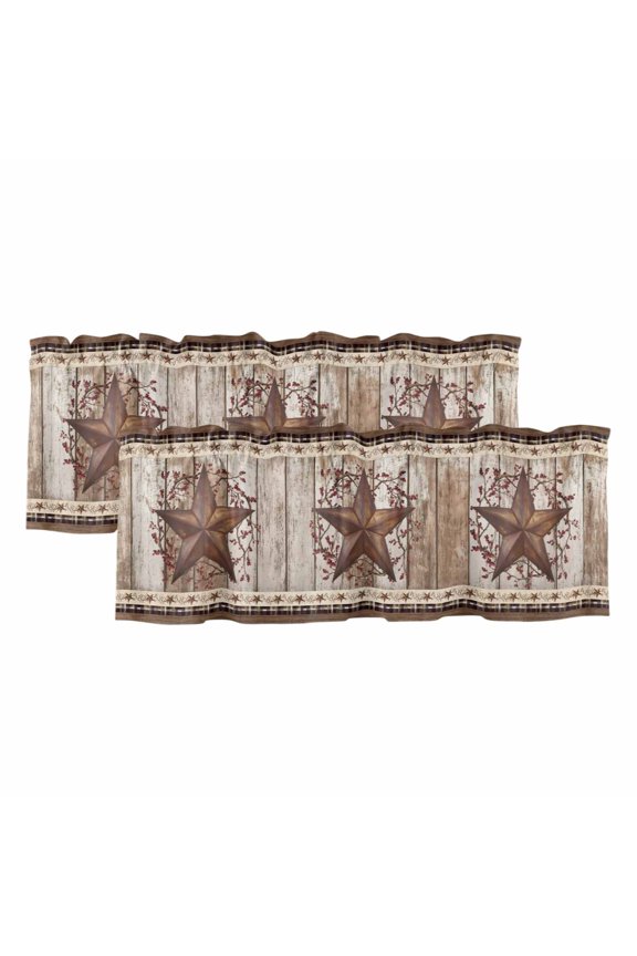 2 Pack Valances for Windows 60 x 18 Inch, Texas Star Vintage Decorative Kitchen Curtain Valance, Brown Retro Art Red Berry Wooden Rod Pocket Short Curtains Window Treatment for Bathroom/Cafe
