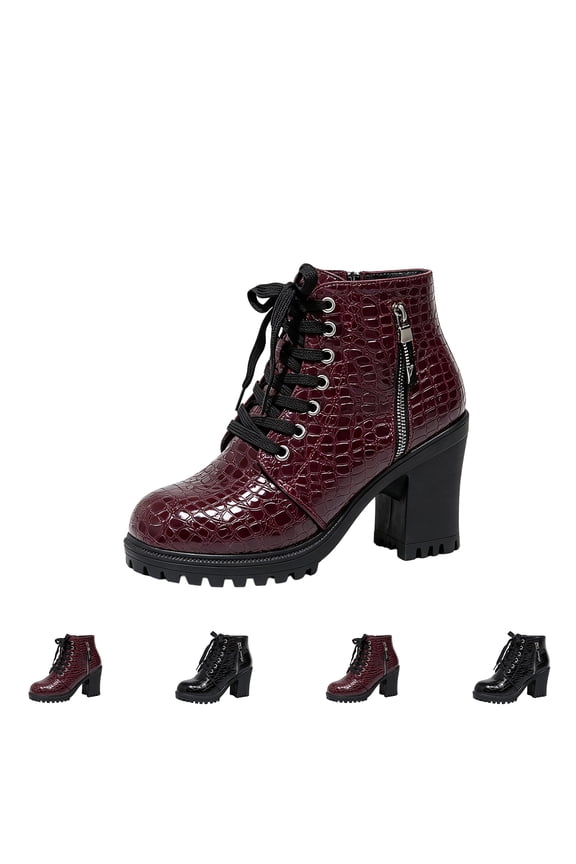 Women's Eye-Catching Gloss Croc Ankle Boot Round Toe Front Lace Side Zip Lug Platform Chunky Block Heel Versatile Everyday Punk Fashion Moto Booties For Women