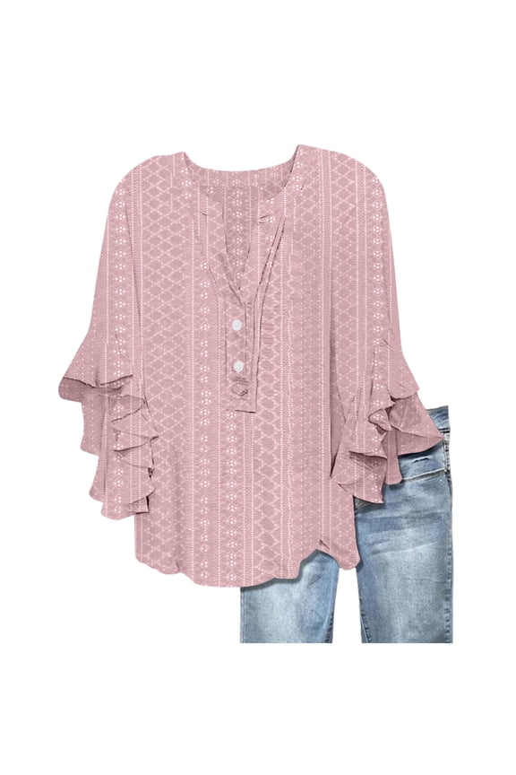Women's Eyelet 3/4 Wave Bell Sleeve Tops Vintage Boho V Neck Ruffles Hem Blouses Elegant Ladies Flowy Shirts