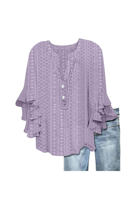 Women's Eyelet 3/4 Wave Bell Sleeve Tops Vintage Boho V Neck Ruffles Hem Blouses Elegant Ladies Flowy Shirts