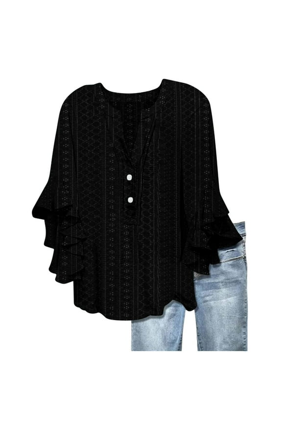 Women's Eyelet 3/4 Wave Bell Sleeve Tops Vintage Boho V Neck Ruffles Hem Blouses Elegant Ladies Flowy Shirts