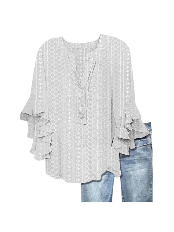 Women's Eyelet 3/4 Wave Bell Sleeve Tops Vintage Boho V Neck Ruffles Hem Blouses Elegant Ladies Flowy Shirts